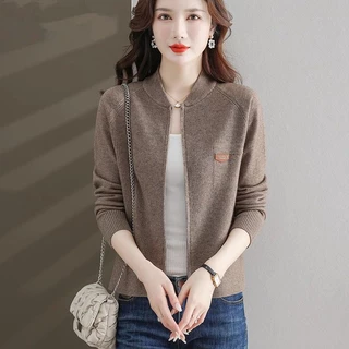 Áo Khoác cardigan Dệt Kim Tay Dài Cổ Đứng Có Khóa Kéo Phong Cách Phương Tây Cho Nữ