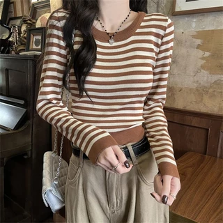 Áo sweater Tay Dài Kẻ Sọc Màu Sắc Tương Phản Thời Trang Mùa Thu Cho Nữ