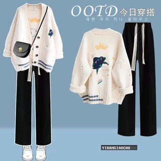 Bộ Áo cardigan Dệt Kim + Quần Ống Rộng Phong Cách Hàn Quốc Thời Trang Mùa Thu Hàng Mới 2023 Dành Cho Bạn Nữ#0904#