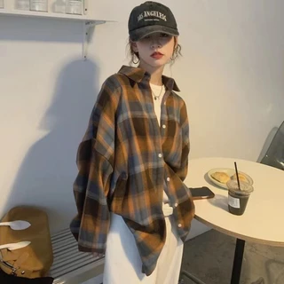 SUXI Áo Sơ Mi Caro Tay Dài Oversize Phong Cách retro Cho Nữ