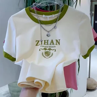 Áo Thun Cotton Ngắn Tay Cổ Tròn In Chữ Màu Sắc Tương Phản Thời Trang Mùa Hè Cho Nữ