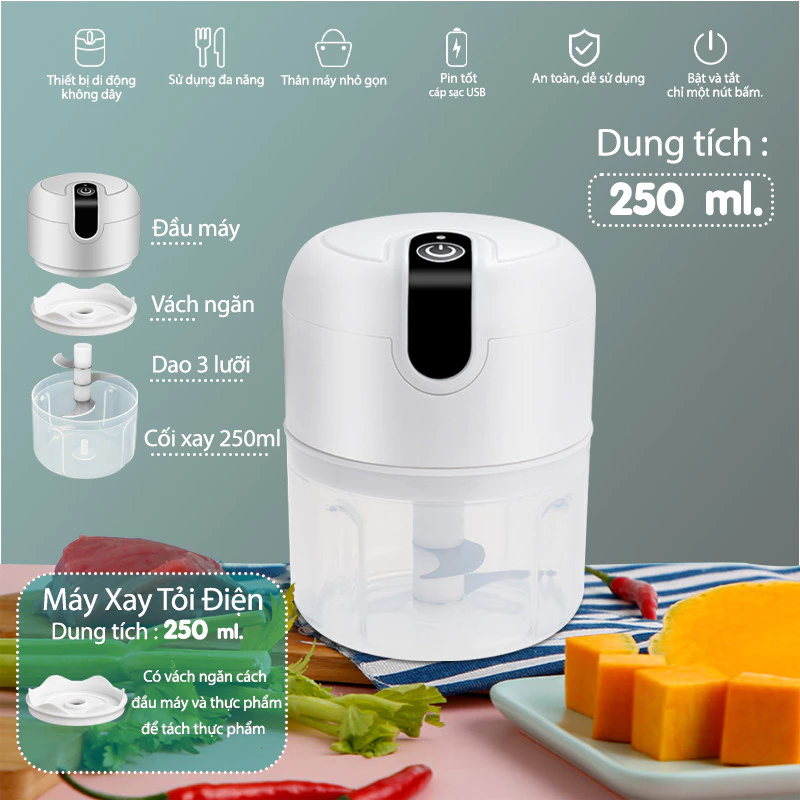 Máy Xay Tỏi Ớt Cầm Tay Mini Sạc Điện, Xay Thịt Ớt Hành Tỏi Rau Củ Quả Siêu Tiện Lợi