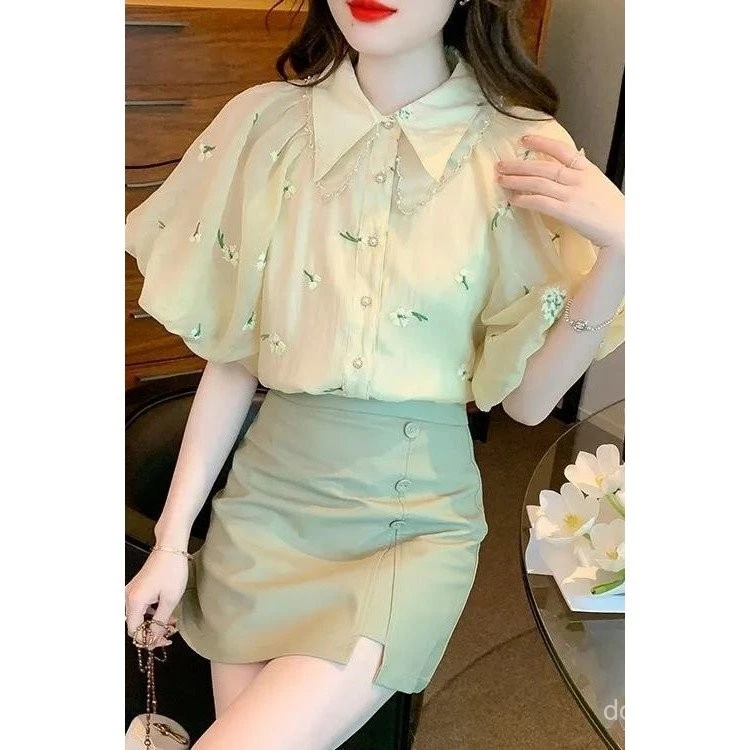 Mùa Hè Mới Nữ Áo Sơ Mi Voan Tay Ngắn Có Tay Phồng Áo Sang Trọng