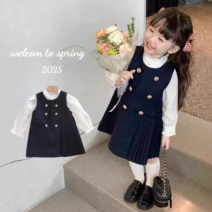 Cô Gái Trẻ Em Mùa Xuân Bộ Áo Sơ Mi Dài Tay Màu Trắng Với Váy Hải Quân 2 Chiếc Quần Áo Trẻ Em 1-5 Tuổi