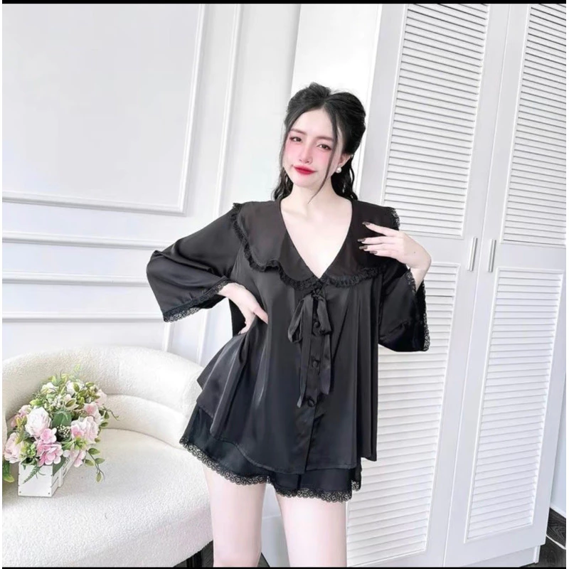 Bộ ngủ lụa mặc nhà đùi cổ tim chất lụa cao cấp sz từ 45-80kg