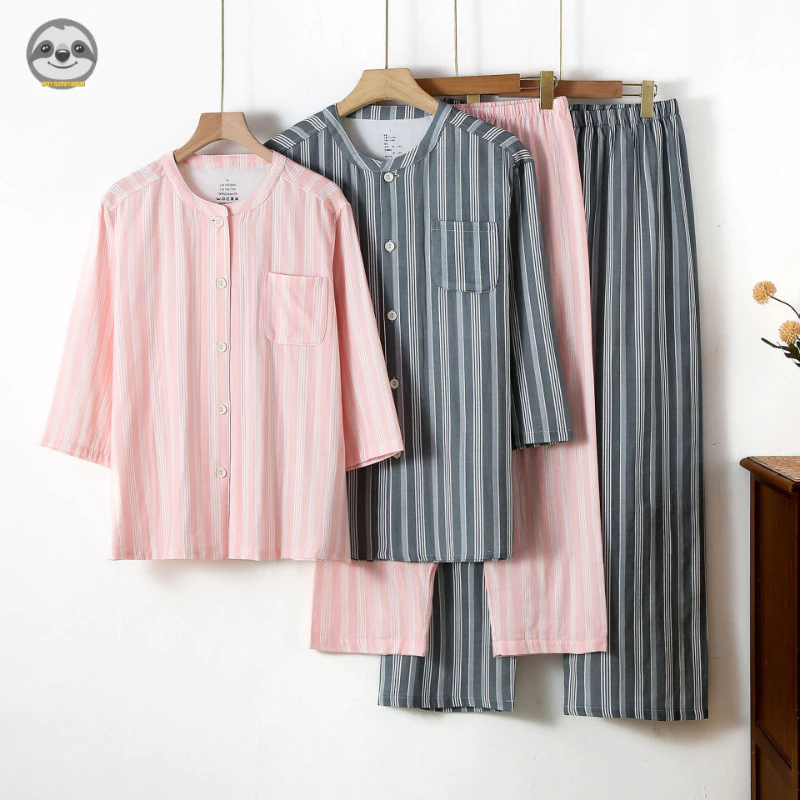 Đồ ngủ cặp đôi cotton hai lớp sọc phong cách Nhật Bản MUJI, mỏng nhẹ có thể mặc bên ngoài