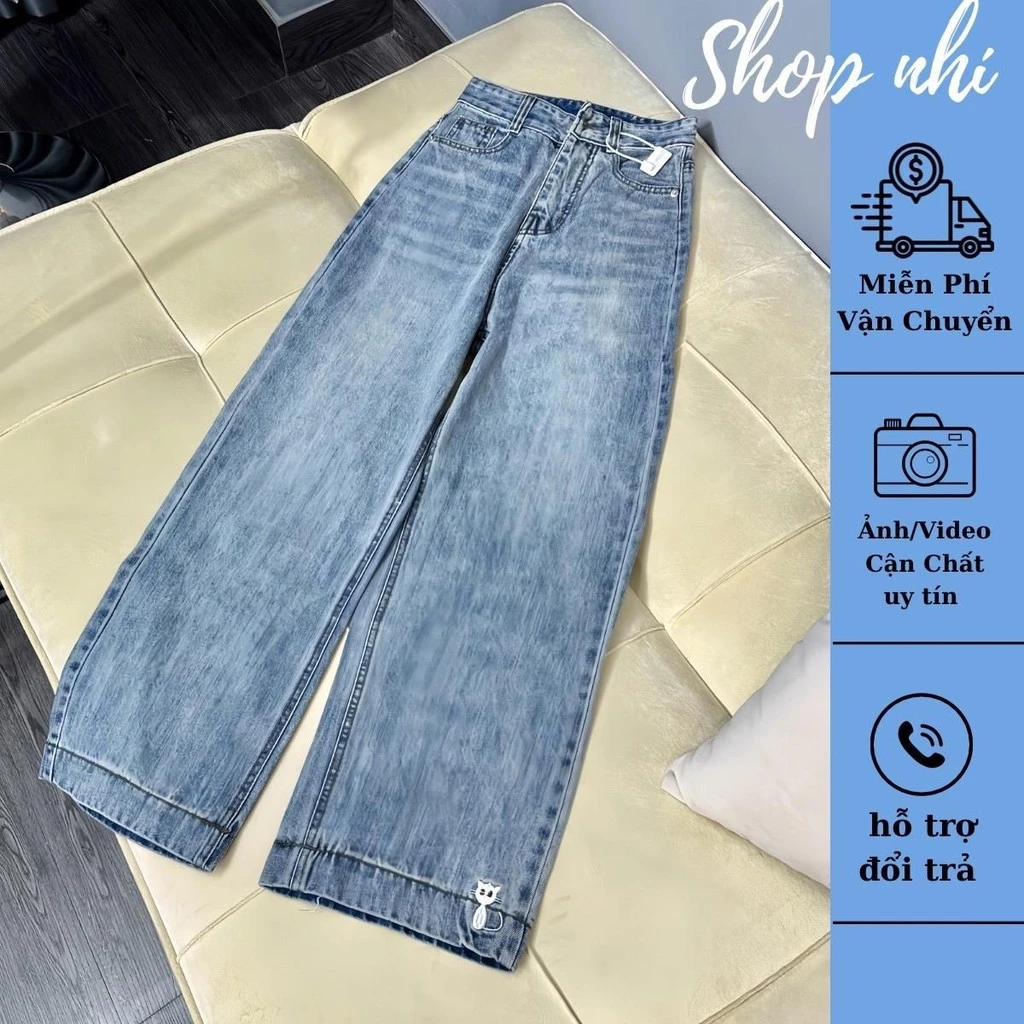 (92CM) Quần Jean Nữ Suông Nấm Thêu Mèo QC . Jean ko giãn . Ống 26cm . Đủ Size S/M/L ( 6779 )