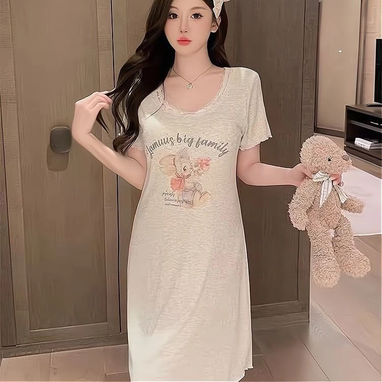 [Sẵn Sàng] Bộ Đồ Ngủ Nữ Váy Ngủ Tay Ngắn Có Miếng Lót Ngực Váy Ngủ Kích Thước Lớn Có Thể Mặc Bên Ngoài Hoạt Hình Mèo In Hình Mùa Hè Đầm Rời Loungewear Giữa Chiều Dài