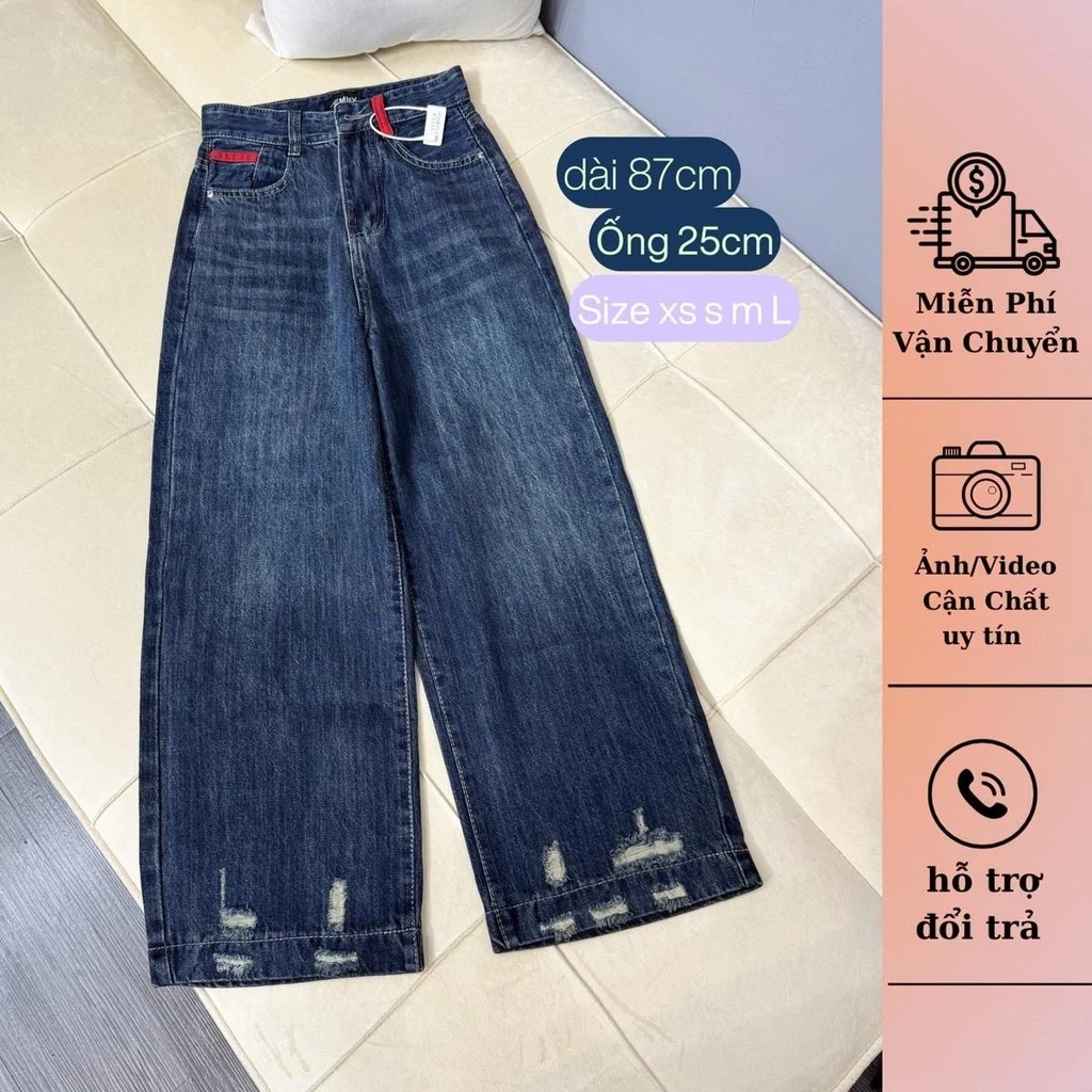 (87cm) SHOP NHÍ Quần Jean Nữ  Suông Rông Nấm Rách Dưới QC . Đủ Size XS/S/M/L jean  ko giãn ( S01 - Quần suông nấm ) 6815