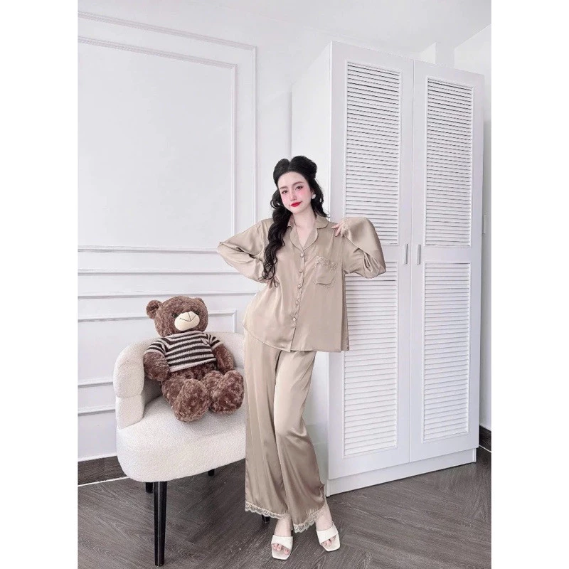 bộ ngủ lụa tiểu thư phối ren mặc nhà