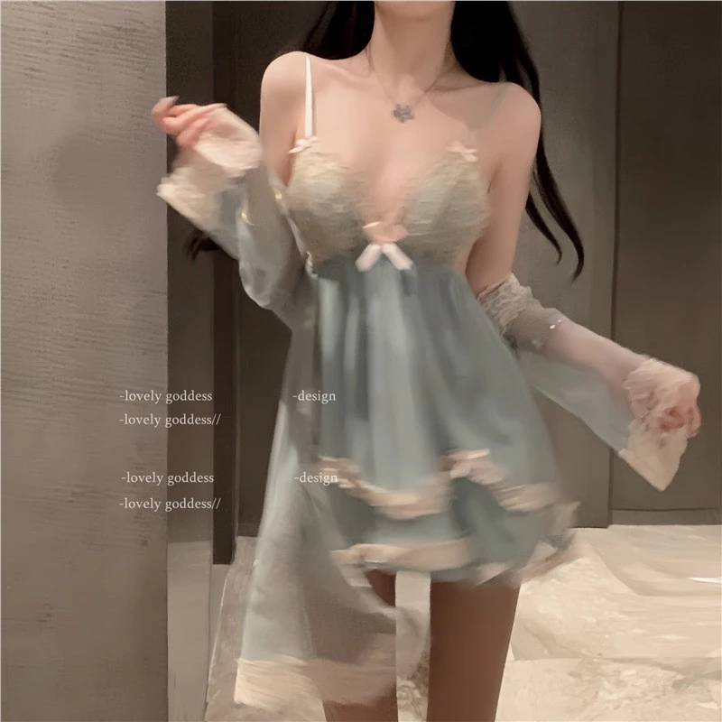 Bộ đồ ngủ phong cách công chúa ngọt ngào, Quần áo gia đình, Váy ngủ treo ren lưới gợi cảm, Váy ngủ