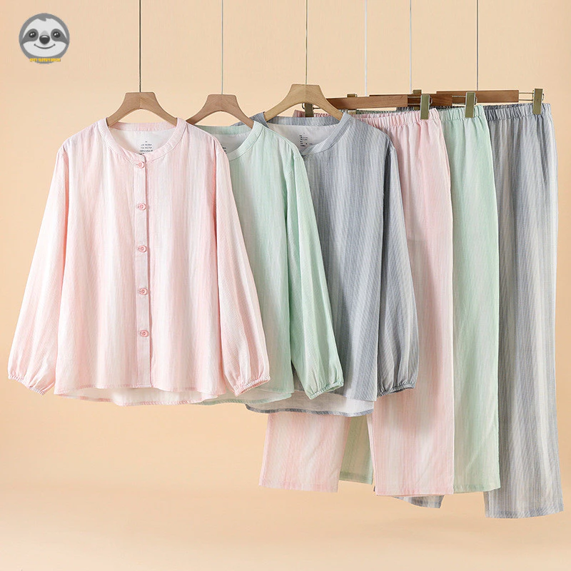Phong cách Nhật Bản Phong cách Muji / Nam Nữ Phong cách cặp đôi Cotton nguyên chất Gạc đôi Gradient Bộ đồ ngủ sọc / Bộ đồ mặc nhà thông thường có thể mặc bên ngoài