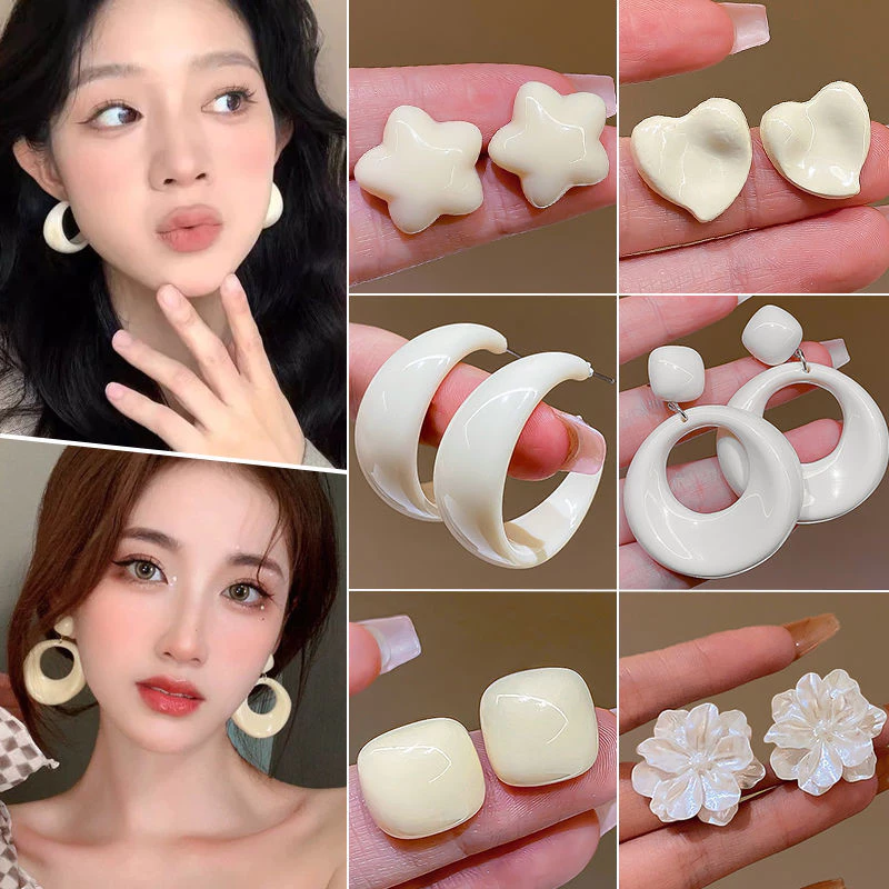 Bông tai trắng sữa cao cấp kiểu Pháp, phong cách đơn giản tinh tế