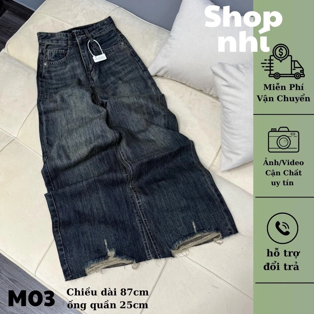 (87/88cm/XS/S/M/L) SHOP NHÍ Quần Jean Nữ  Suông Rông Nấm Rách Dưới QC .jean  ko giãn ( S01 - Quần suông nấm ) 6825