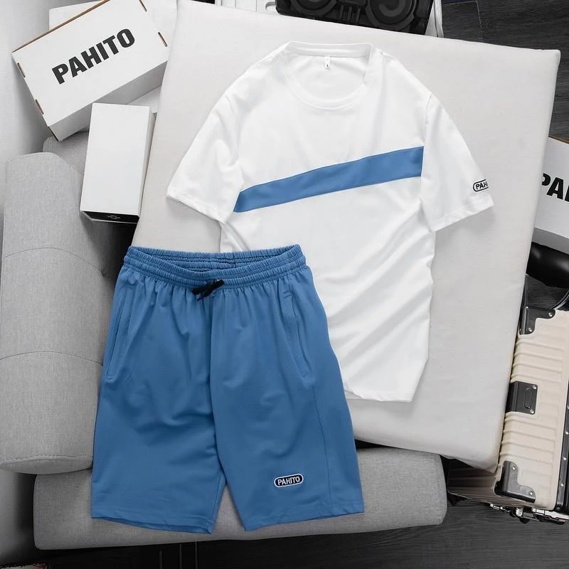 Bộ quần áo nam ngắn tay cổ tròn sọc chéo vải cotton cá sấu - Menswear BH29