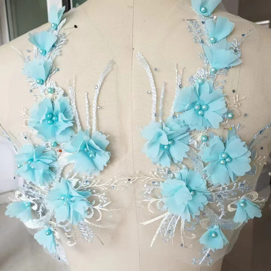 Miếng dán váy cưới và quần áo trang phục 3D xanh đỏ hoa đính hạt ren, thêu may