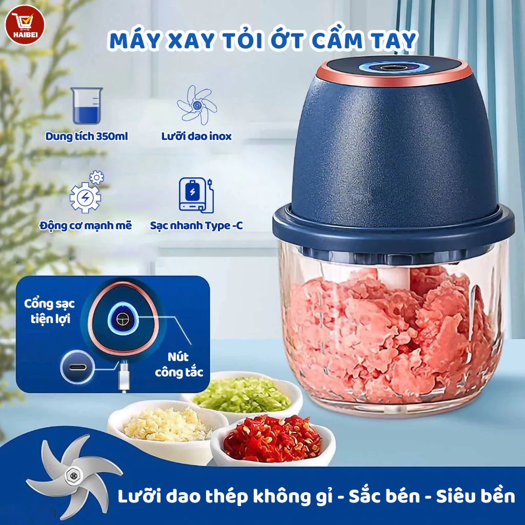 Máy Xay Tỏi Ớt Cầm Tay Mini  Sạc USB Lưỡi Dao Inox 3 Cánh Xay Hành Tỏi Ớt Hạt Tiêu Gia Vị Cực Nhanh Siêu Khỏe
