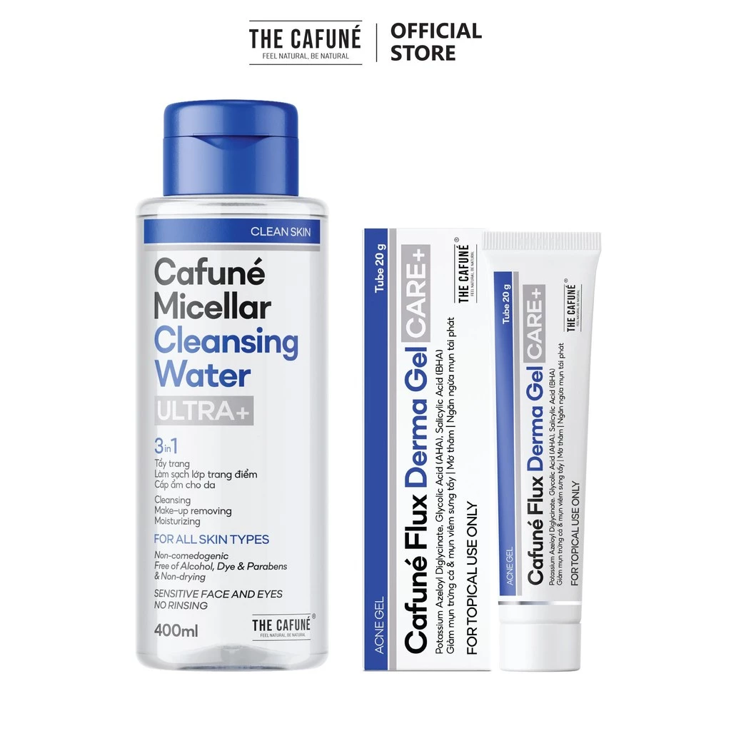 [COMBO GIẢM 25%] Bộ Đôi Chăm Sóc Da Mụn Cafuné: Nước Tẩy Trang Ultra+ 400ml + Gel Chấm Mụn Flux Derma 20g