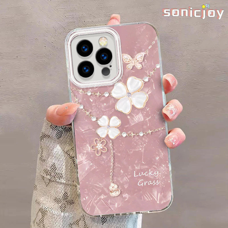 Ốp lưng Cỏ Bốn Lá Màu Hồng Thích Hợp Cho IPhone 11 12 13 14 15 16 Pro Max X XR XS Max 7Plus 8Plus IMD Feather Sa Ốp Lưng Thời Trang-SY