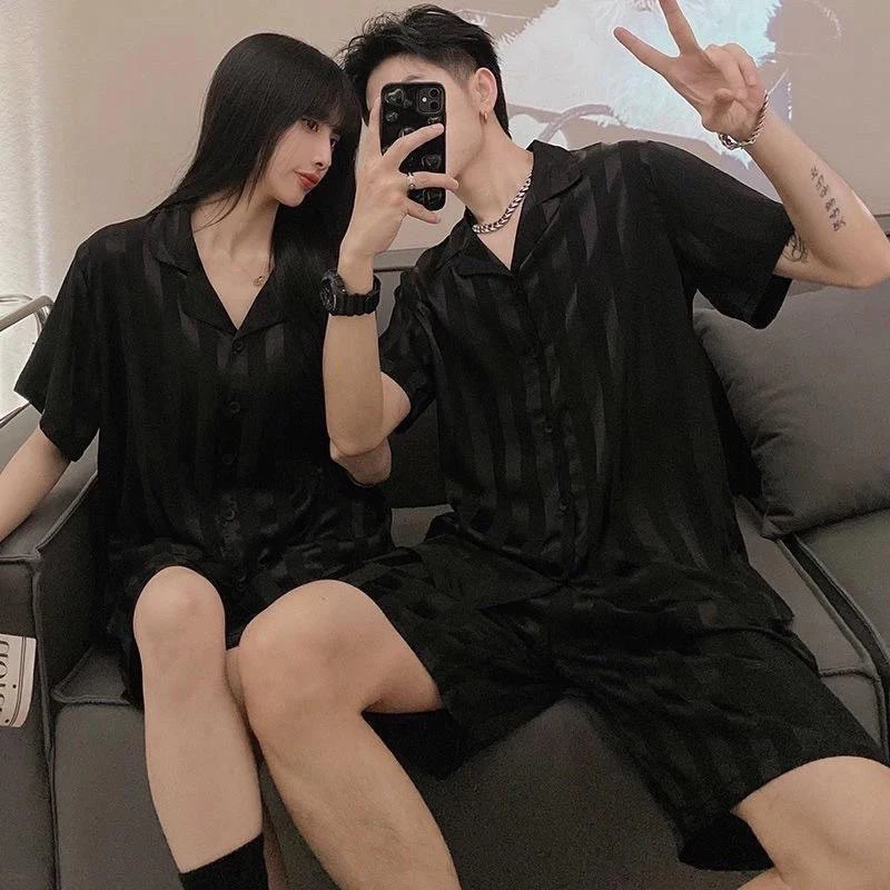 Bộ Lụa mặc nhà Đùi Pijama.Sọc đen Nam Nữ chất lụa cao cấp