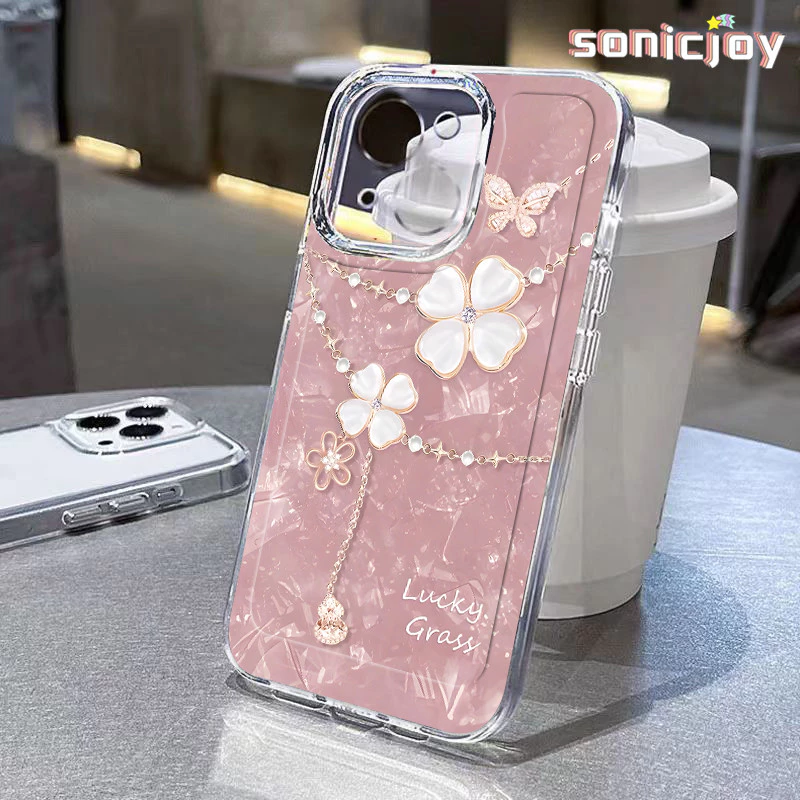 Ốp lưng iPhone Cỏ Ba Lá Bốn Lá Màu Hồng Thích Hợp Cho IPhone 11 12 13 14 15 16 Pro Max X XR XS Max 7Plus 8Plus Ốp Silicon Trong Suốt Thời Trang-SY