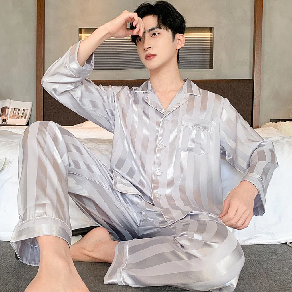 Bộ quần áo ngủ ,bộ lụa xuân thu kẻ sọc có viền dài tay cao cấp sz từ 40-85kg