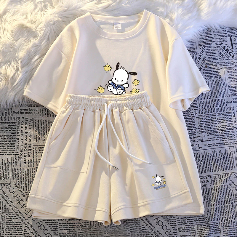 Bộ đồ thể thao thông thường mùa hè dành cho nữ Áo thun ngắn tay hoạt hình dễ thương hình gấu và gà con Genz