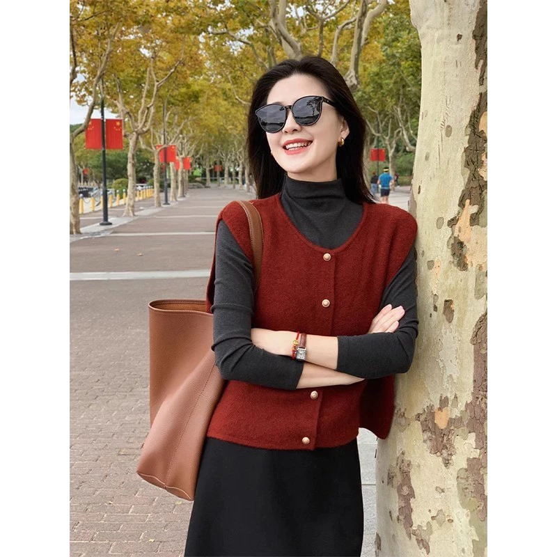 YAYUAN Retro Màu Đỏ Không Tay Dệt Kim Áo Vest Nữ Tính Khí Phong Cách Phương Tây Lớp Bên Ngoài Top