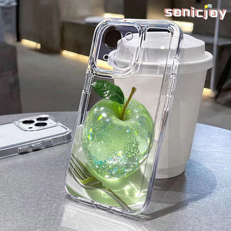 Ốp lưng Crystal Green Apple Thích Hợp Cho IPhone 11 12 13 14 15 16 Pro Max X XR XS Max 7Plus 8Plus Ốp Silicon Trong Suốt Thời Trang-SY