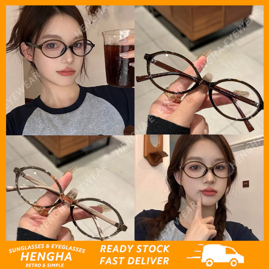 (HENGHA) Kính hình bầu dục màu nâu cổ điển thời trang dành cho nữ Phong cách Hàn Quốc Kính cận thị đầy màu sắc