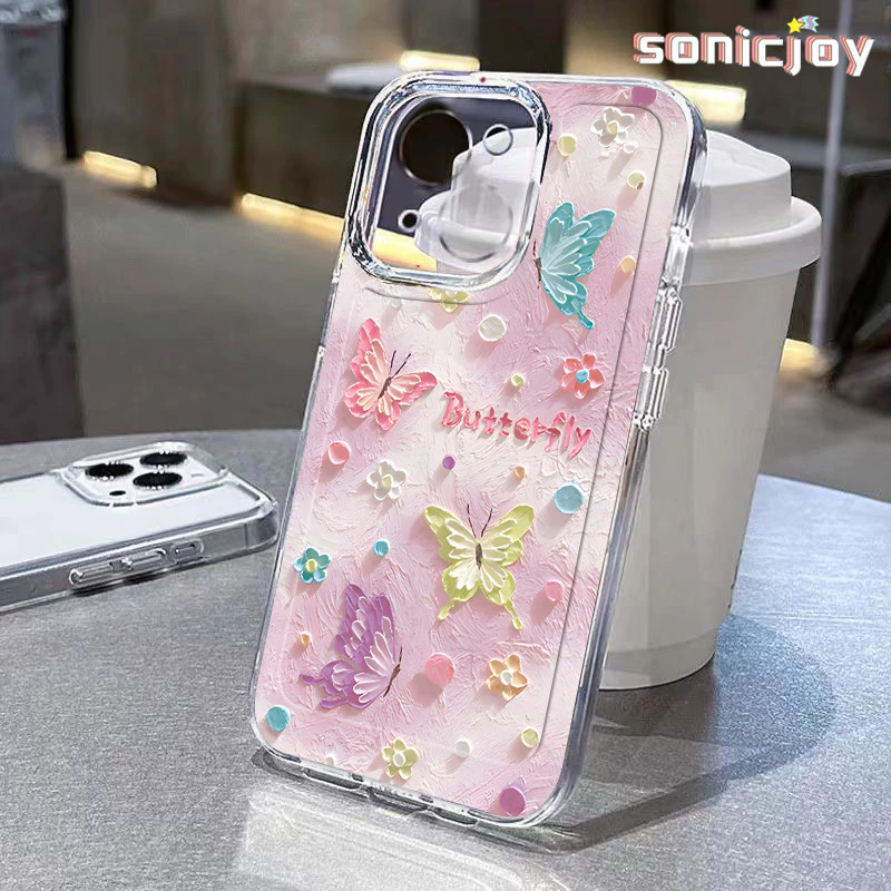 Ốp lưng Bướm Màu Hồng Thích Hợp Cho IPhone 11 12 13 14 15 16 Pro Max X XR XS Max 7Plus 8Plus Ốp Silicon Trong Suốt Thời Trang-SY