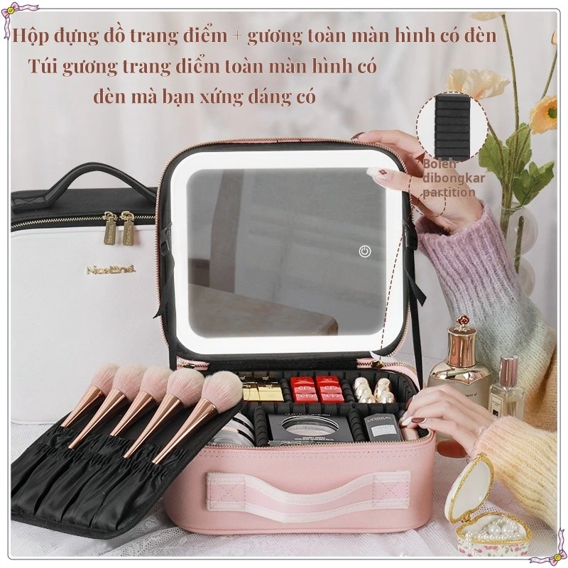 Túi trang điểm đa chức năng dung tích lớn 23x26x11cm - Có gương LED + Ngăn chống lộn xộn | Chống thấm nước, nhẹ, tiện lợi cho du lịch