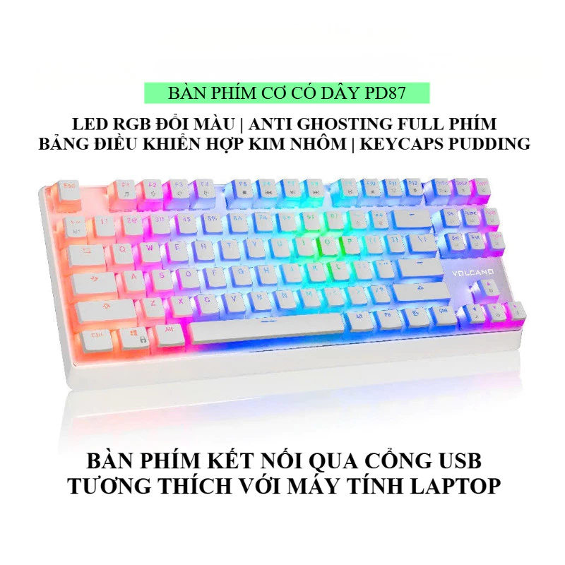 Bàn Phím Cơ Gaming TKL Chơi Game Có Dây - PD87 - Anti Ghosting Full Phím - LED RGB Đổi Màu - Bảng Điều Khiển Hợp Kim