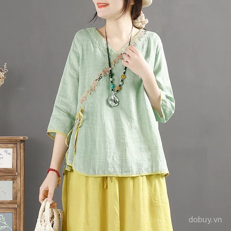 Phụ Nữ Mùa Hè 2025 Áo Sơ Mi Dân Tộc Retro Thêu Rời Vải Lanh Cotton Trà Đầm Có Hình Xù Mặt Trước Và Dây Buộc