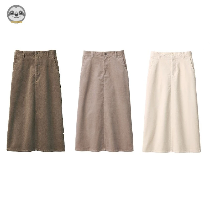 Phong cách Nhật Bản Phong cách Muji / Nút vải nhung co giãn dành cho nữ Dây kéo Váy dài vừa phải / Micro-Elastic Casual Slimmer Look Commuter Suit Váy
