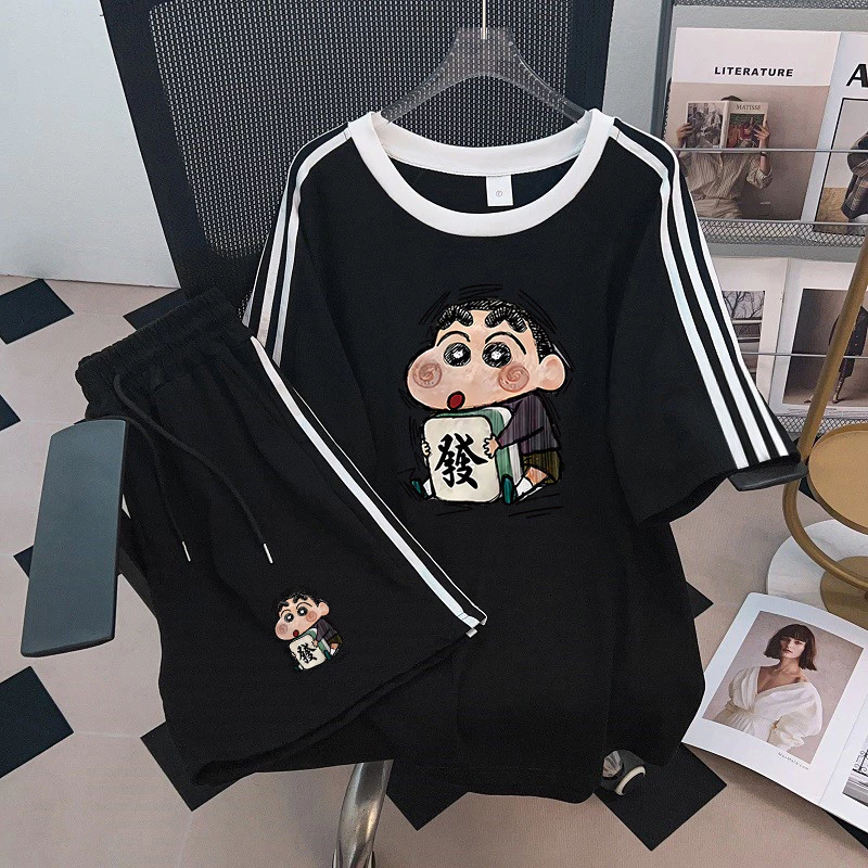 Phim hoạt hình dễ thương Crayon Shin Chan Bộ đồ thể thao Áo thun ngắn tay cổ tròn dáng rộng Unisex Genz