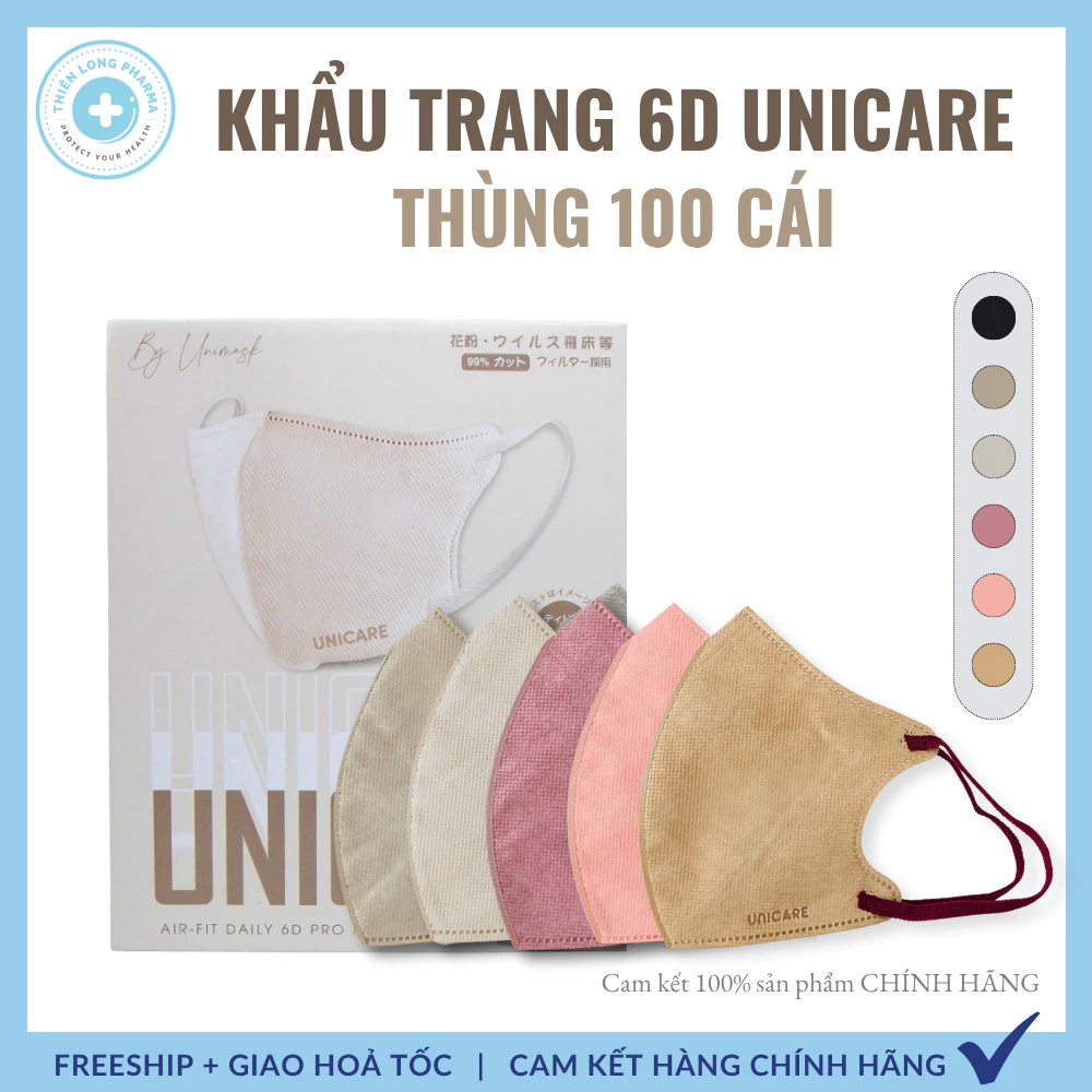 UNICARE Thùng 100 Cái khẩu trang UNICARE 6D ProMask Quai Chun Mềm Mại 3 Lớp Kháng Khuẩn