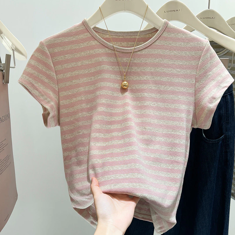 Áo thun ngắn tay sọc Cotton đầy màu sắc mùa hè dành cho nữ phong cách rộng rãi trên vai