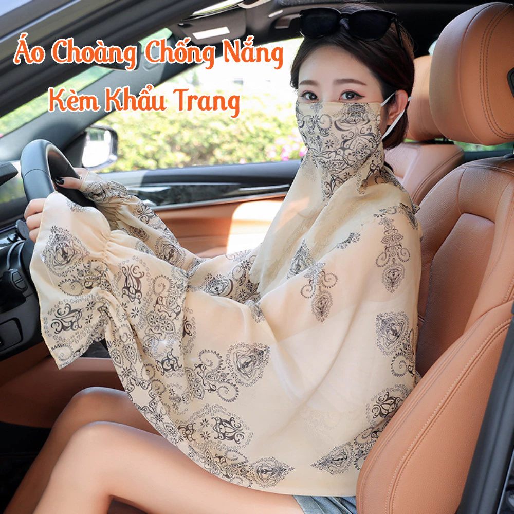 Áo Choàng Chống Nắng Nữ Kèm Khẩu Trang Voan Tuyết Mỏng Nhẹ Hàn Quốc Thoáng Khí, Mặc Lái Xe Mùa Hè
