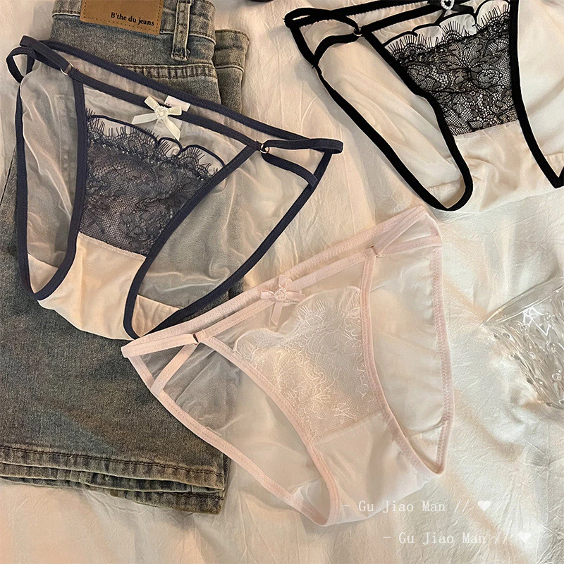 [40-70kg] Quần lót tam giác kiểu Pháp sexy với viền ren cho phụ nữ, thắt nơ ngọt ngào, eo giữa-thấp