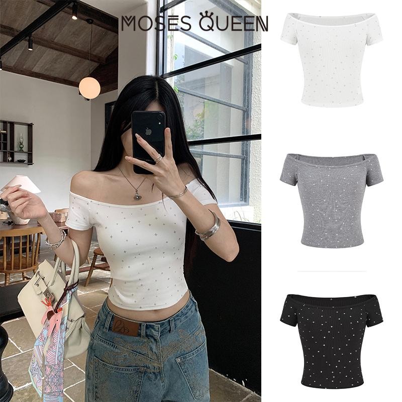 MOSESQUEEN Mỹ retro bán chạy kim cương vai ngắn tay áo thun eo bó sát mùa hè 2025 mới mỏng vừa vặn nữ hàng đầu gợi cảm hot girl trang phục #63089