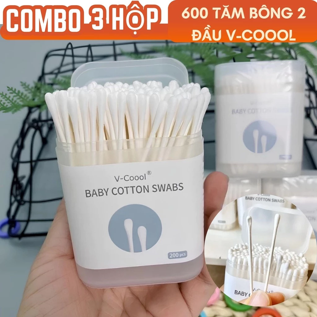 Combo 3 Hộp 600 Chiếc Tăm Bông V-Coool Baby Cotton SWABS -Tăm Bông Vệ Sinh Cho Bé Gia Dụng Số 1 Việt Nam