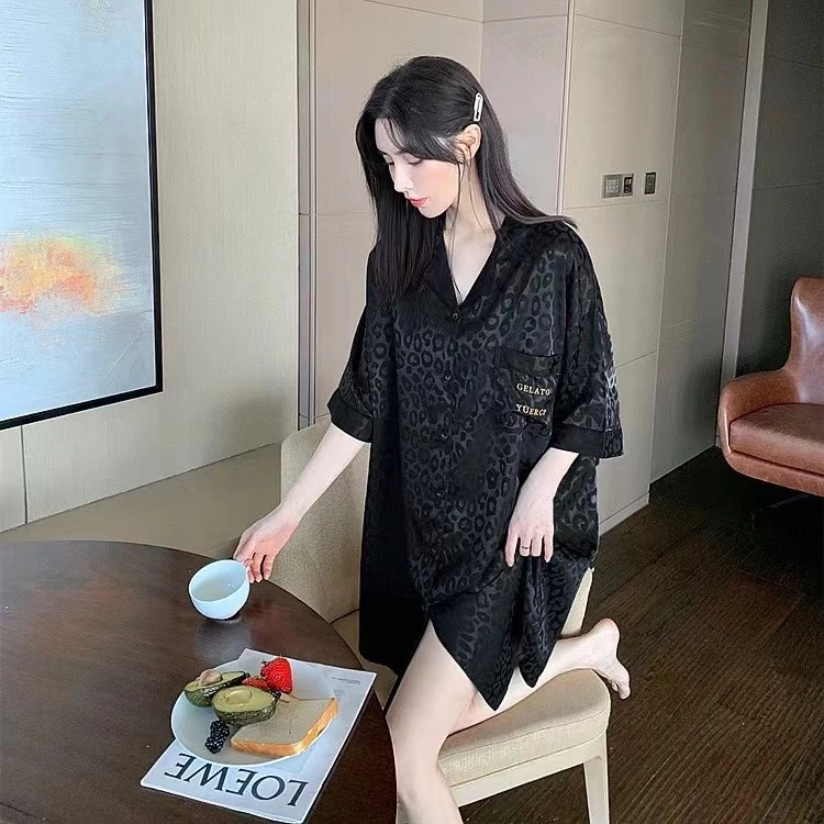 Váy ngủ da báo Jacquard Ice Silk sang trọng, thiết kế nửa tay, pyjama chất lượng cao