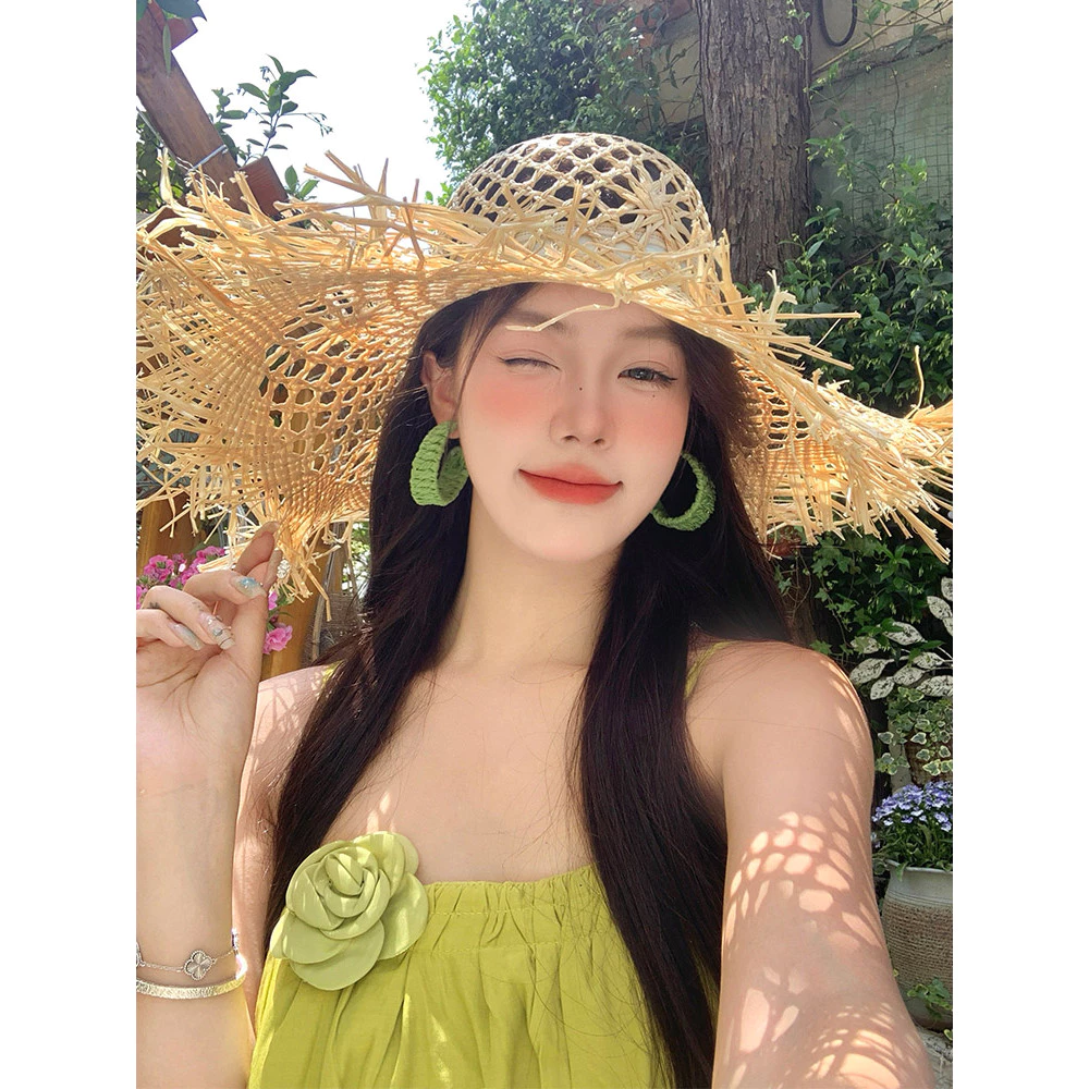 Đi Biển Phong Cách Kỳ Nghỉ Raffia Mũ Rơm Nữ Mùa Hè Vành Lớn Rỗng Tấm Che Nắng Mũ Rơm Đi Biển Mũ Chống Nắng