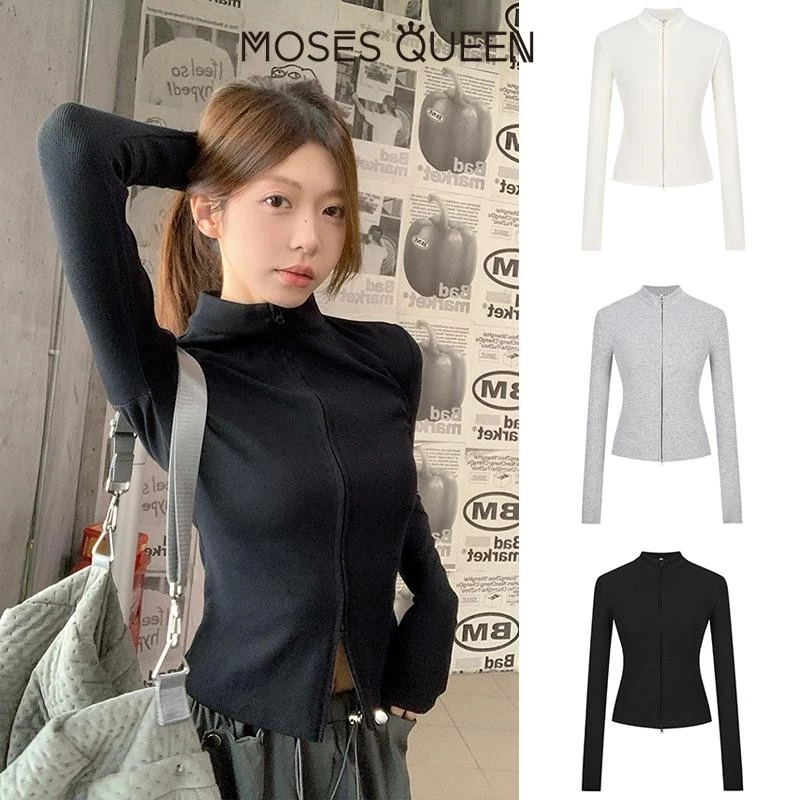MOESSQUEEN  Áo Len Dệt Kim Chống Nắng Màu TrơnSlim Fit Cổ Đứng Dây Kéo Đôi Thiết Kế Đơn Giản Mùa Xuân 2025 #62302