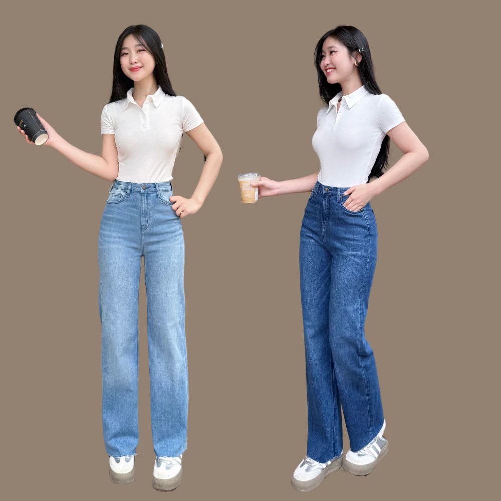 Quần jeans nữ TTTHAO ống suông cắt lai cao cấp dài 97cm phong cách quần bò nữ ống suông VNXK J12
