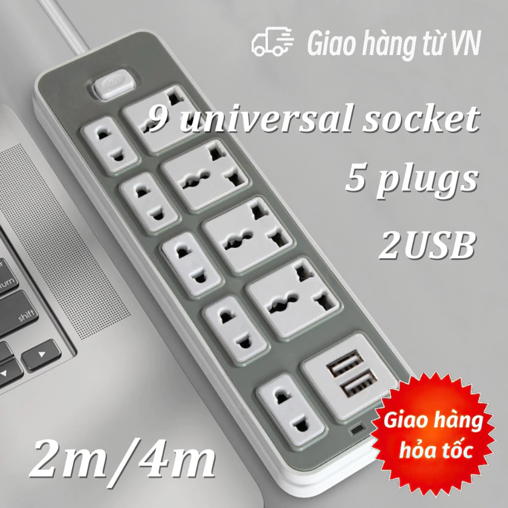 Ổ Điện USB Đa Năng Chịu Tải 2500W Dài 4m Có 9 lổ cắm và 2 lỗ USB