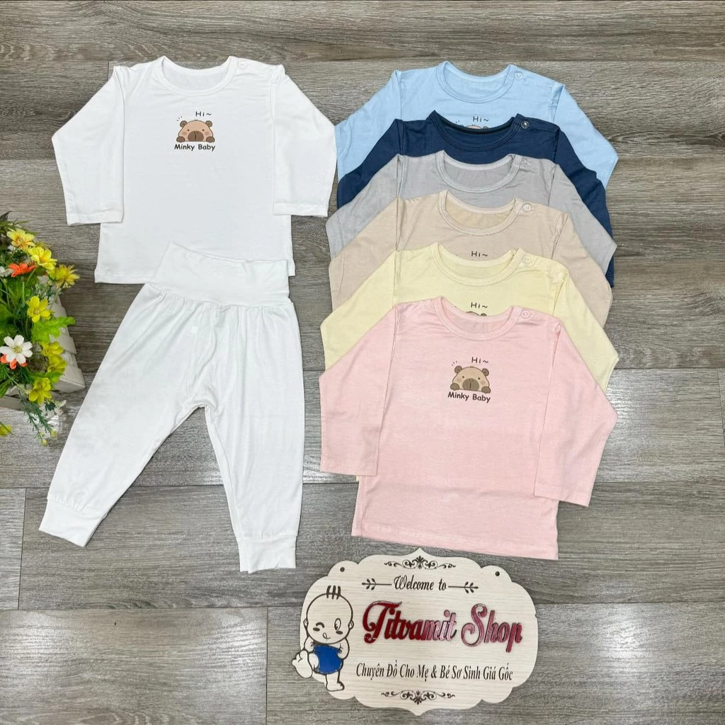Bộ dài Minki Bae gấu Hi cài vai CẠP CAO vải thun lạnh cho bé