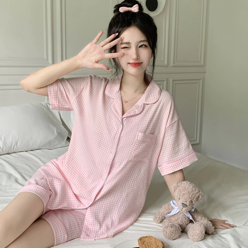 [40-72.5kg] Bộ pijama ngắn tay kẻ caro hồng thanh lịch cho phụ nữ, đồ mặc ở nhà bằng cotton mịn
