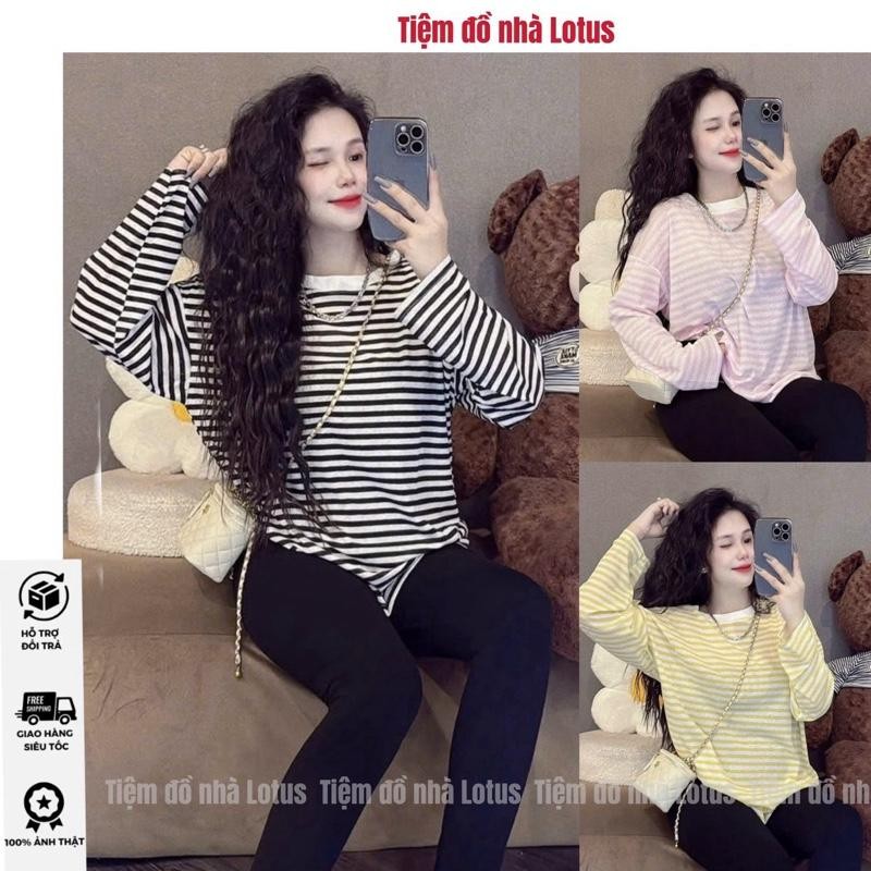 Áo thun cổ tròn tay dài sọc đơn giản , phom rộng thoải mái (Tiệm đồ nhà Lotus)